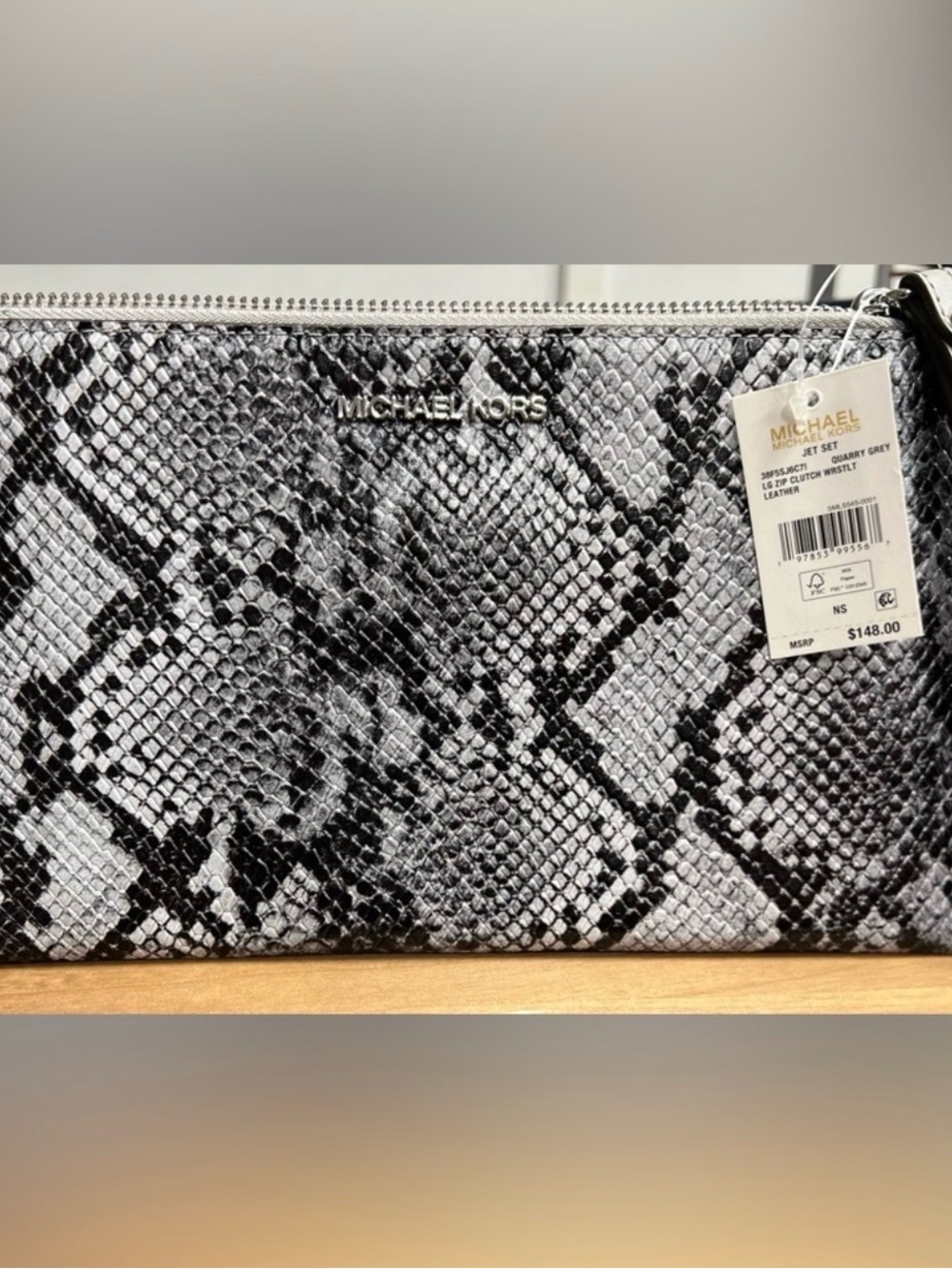 Michael Kors Gray & Black Snakeskin-Print Wristlet Clutch